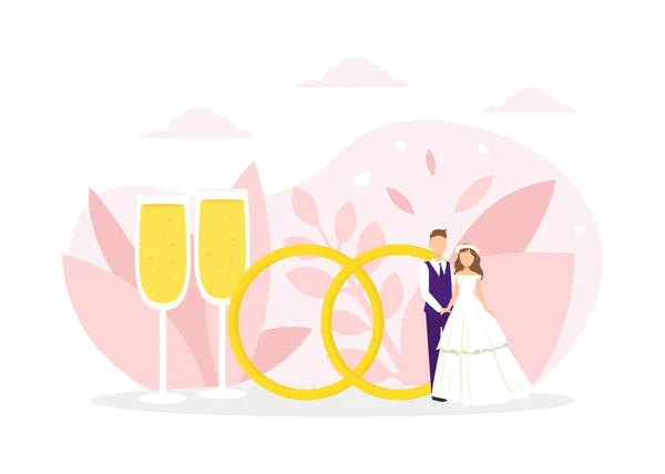 Just Married Couple Standing Next Huge Wedding Rings and Two Glasses of Champagne Flat Vector Illustration — Stock Vector