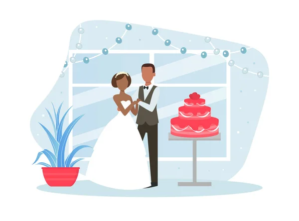 Just Married Couple Posing with Holiday Cake, Happy Romantic Newleads at Wedding Day Flat Vector Illustration — Stock Vector