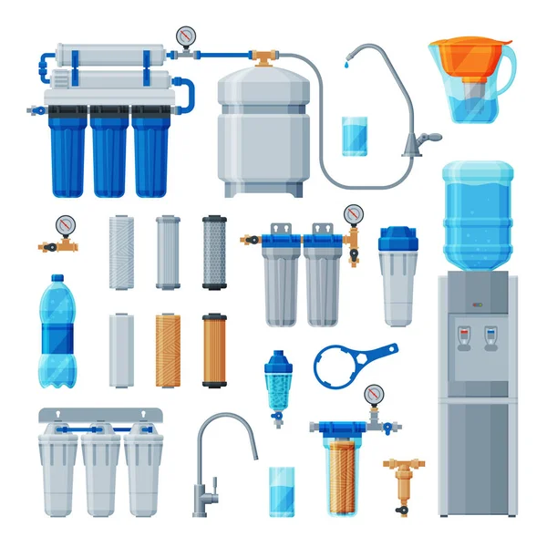 Water Filters Collection, Equipment for Water Cleaning, Special Modern Technologies for Purification Vector Illustration — Stock Illustration Water Filters Collection, Equipment for Water Cleaning, Special Modern Technologies for Purification Vector Illustration Vector Graphics