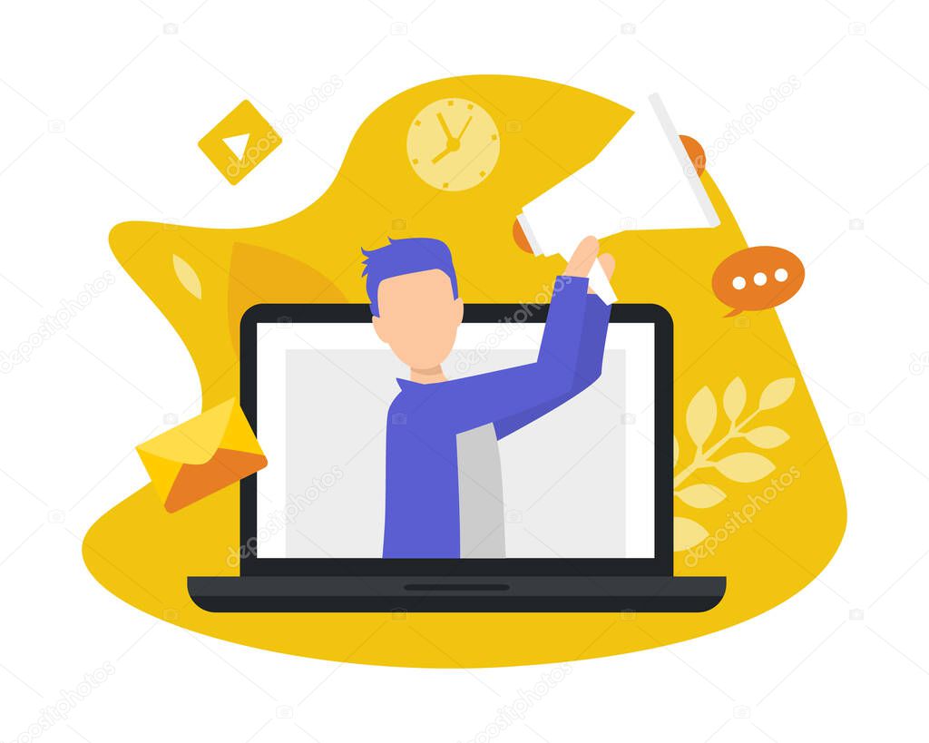 Businessman Promoting Goods and Services for Potential Customers with Megaphone Climbing out of Computer Screen, Advertising Business Concept Vector Illustration