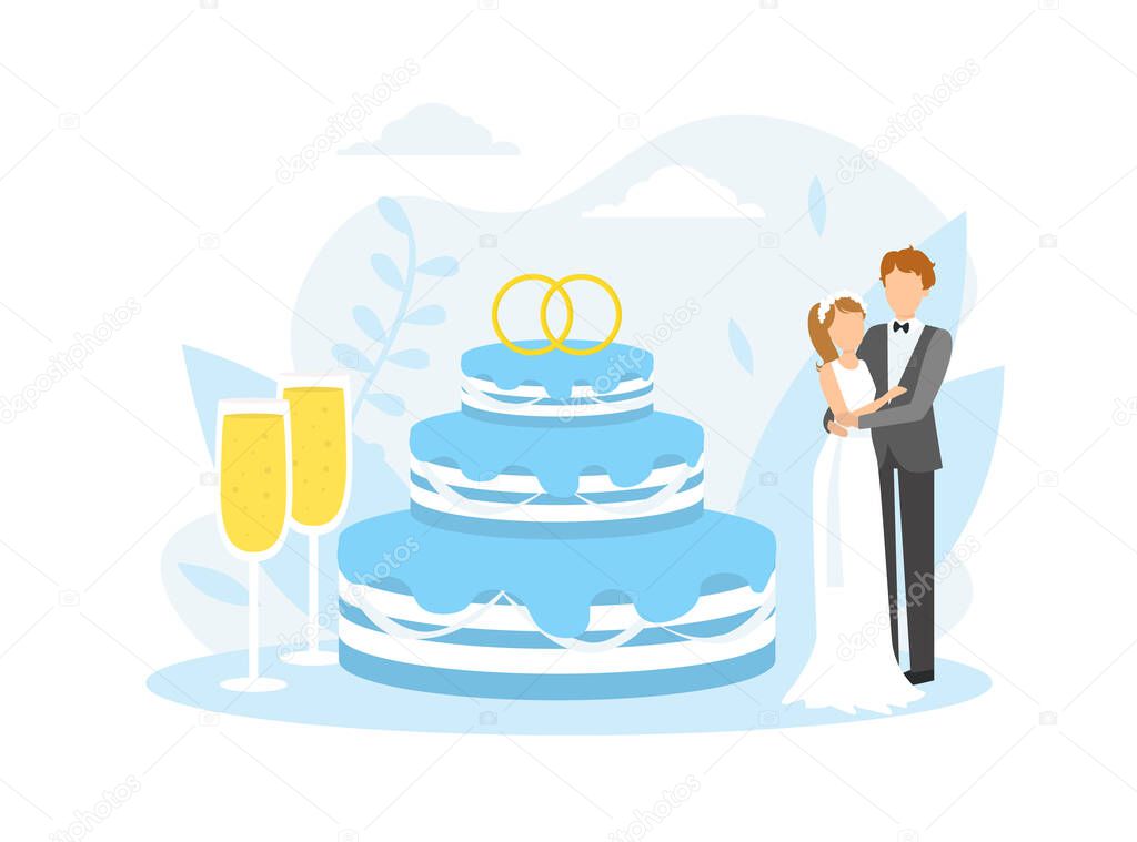 Just Married Couple Standing Next Huge Wedding Cake and Two Glasses of Champagne Flat Vector Illustration
