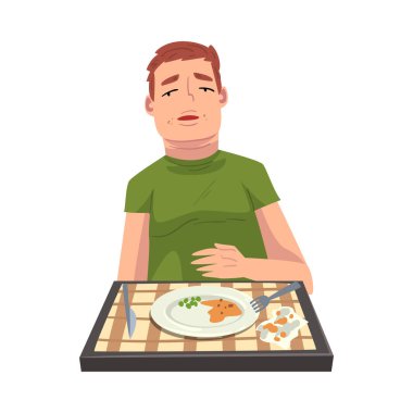 Dolu Mideli Lezzetli Yemek Yiyen, Neşeli Adam Masada Damalı Masa örtüsüyle Oturan Boş Tabak Çizgi Filmi Vektör İllüzyonu