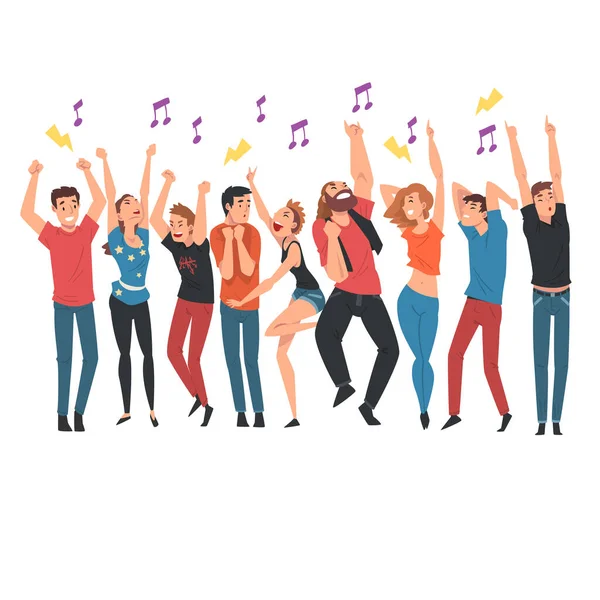 Dav mladých lidí tančí a zpívá spolu s interprety na koncertní vektorové ilustraci — Stockový vektor
