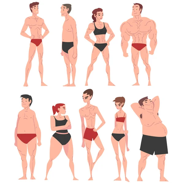 Muži a ženy ve spodním prádle set, různé lidské tělo konstituce, mužské a ženské typy těla karikatura styl vektorové ilustrace — Stockový vektor