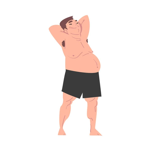 Fat Overweight Man with Big Belly in Underwear Cartoon Style Vector Illustration on White Background — 스톡 벡터