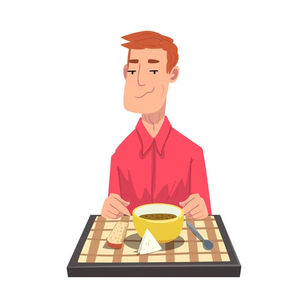 Junger Mann beim Abendessen, fröhlicher Kerl, der mit karierter Tischdecke am Tisch sitzt — Stockvektor