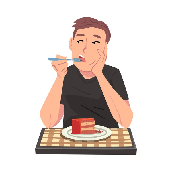 Joven comiendo delicioso pastel, alegre chico sentado a la mesa con mantel a cuadros ilustración vectorial de dibujos animados — Archivo Imágenes Vectoriales