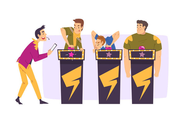 People Playing on Quiz Show, Participants Answering Questions on Television Intellectual Game Cartoon Style Vector Illustration