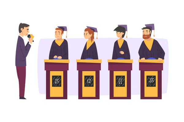 Personnes jouant sur Quiz Show, Participants Portant Robe et Graduation Cap Réponses aux Questions à la Télévision Jeu Intellectuel Cartoon Style Illustration vectorielle — Image vectorielle