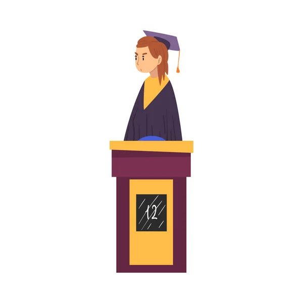 Femme jouant sur Quiz Show, fille participante portant une robe et un chapeau de graduation répondant à la question à la télévision Jeu de énigme Illustration vectorielle de style dessin animé — Image vectorielle