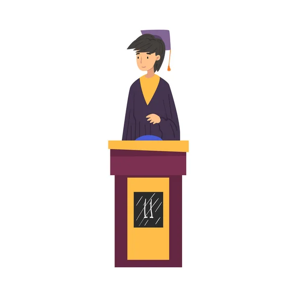 Gril Deviner des questions sur Quiz Show, Jeune femme portant une robe et un chapeau de graduation Répondre à la question sur la télévision Jeu de énigme Illustration vectorielle de style dessin animé — Image vectorielle