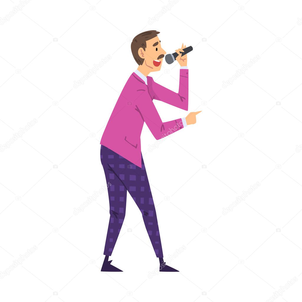 Male Presenter, TV Show Host with Microphone on Television Game Show Cartoon Style Vector Illustration on White Background.
