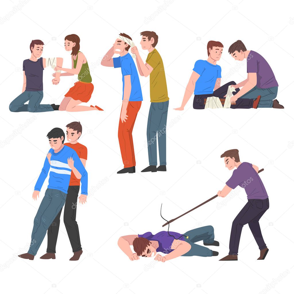 Emergency First Aid Procedures Set, People Helping Victim Persons Vector Illustration on White Background.