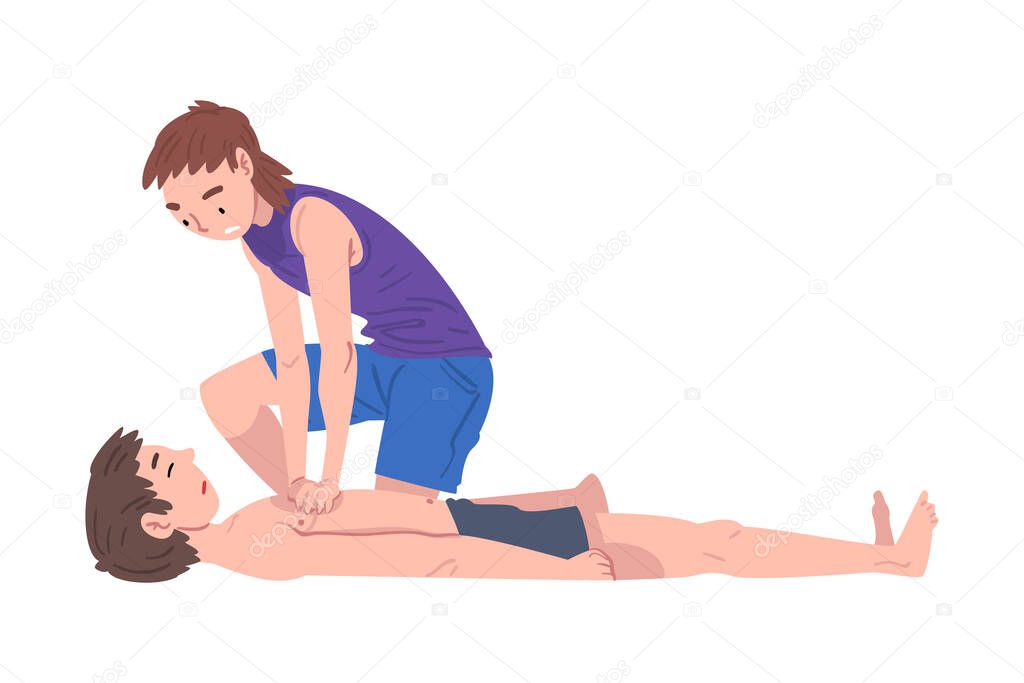 First Aid to Drowned Person, Young Woman Doing Cardiac Massage Vector Illustration on White Background.