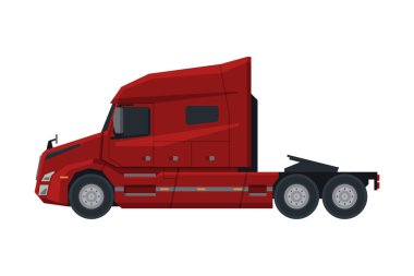 Modern Kırmızı Semi Truck, Kargo Teslimat Aracı, Beyaz Arkaplanda Yan Görünüm Düz Vektör İllüstrasyonu