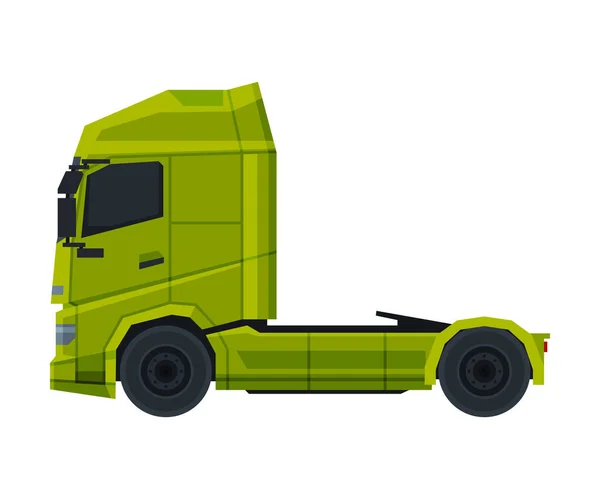 Camión de carga verde, vehículo pesado moderno que entrega, ilustración plana del vector de la vista lateral en fondo blanco — Vector de stock