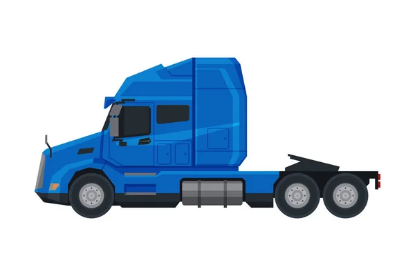Semi camión azul, vista lateral de la carga moderna entrega vehículo de carga plana Vector ilustración sobre fondo blanco — Vector de stock