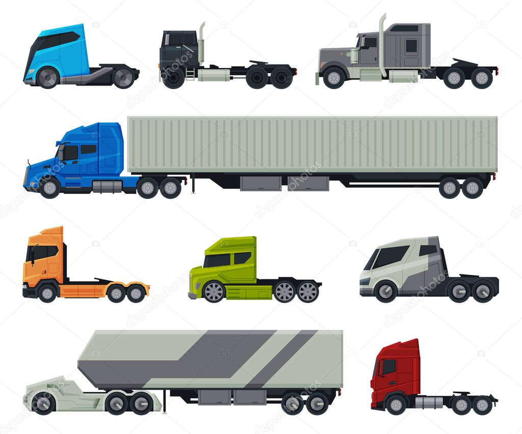 Modern Trucks Collection, Delivery and Shipping Cargo Vehicles, Side View Flat Vector Illustration on White Background