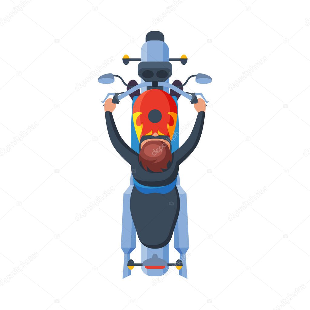 Male Motorcyclist Riding Motorcycle, View from Above Flat Vector Illustration