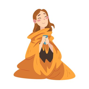 Sıcak bir ekose altında oturan neşeli kız sıcak içecek bardağının tadını çıkaran genç kadın battaniye taşıyıcısı illüstrasyonuna sarılı içecek içen genç kadın.