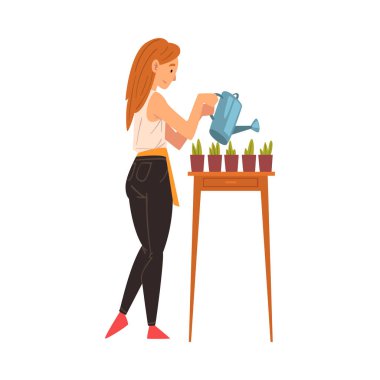 Sulama Kutusuyla Çiçek Sulama Genç Kadın, Bahçıvanlık İllüstrasyonundan Hoşlanan Kız