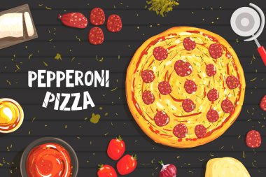 Pepperoni Pizza Banner Şablonu, İtalyan Geleneksel Yemek Vektörü İllüstrasyonu