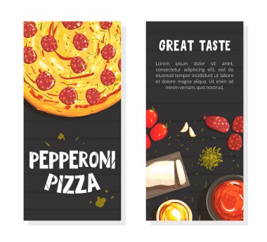 Pepperoni Pizza ve Bileşen Sancak Şablonu, Harika Tat İtalyan Geleneksel Yemek Vektörü İllüstrasyonu