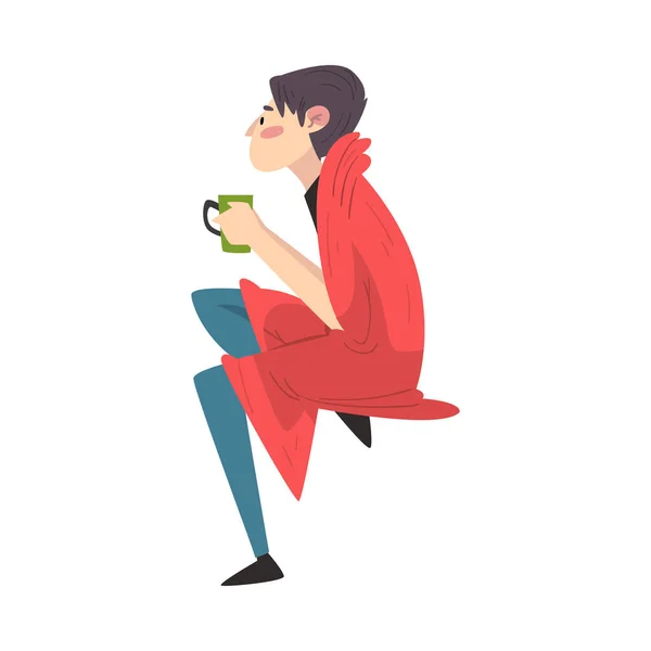Guy sentado sob aconchegante xadrez desfrutando de caneca de bebida quente, homem bebendo bebida envolto em vermelho cobertor vetor ilustração —  Vetores de Stock