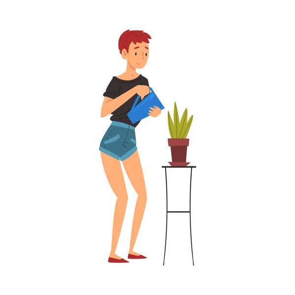 Jovem planta de rega mulher em vaso de flores com Jug Vector Ilustração — Vetor de Stock