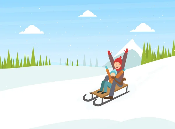 快乐男孩穿著温暖的衣服在斜坡上滑行，冬季体育户外活动病媒示范 — 图库矢量图片