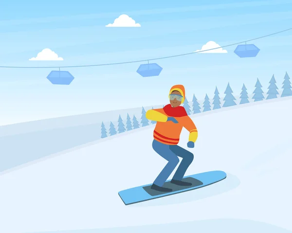 Guy Dressed in Warm Clothing Snowboarding, Winter Sports Outdoor Activity Vector Illustration