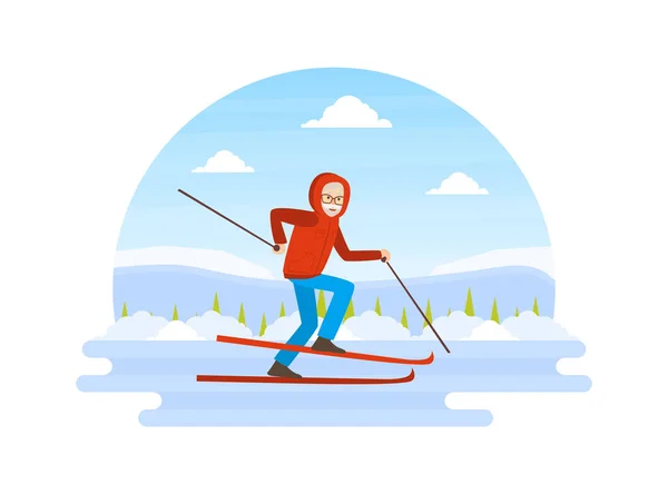 Senior Man Dressed in Warm Clothing Skiing, Winter Sports Outdoor Activity Vector Illustration