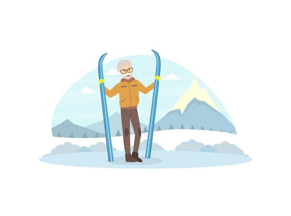 Veselý starší muž oblečený v teplých šatech stojící a držící lyže, zimní sporty venkovní aktivita vektorové ilustrace — Stockový vektor