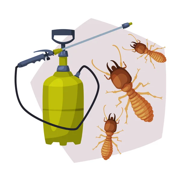 Sprayer Bottle of Termite Insect Insecticide, Pest Control Service, Detecting and Exterminating Insects Vector Illustration — ストックベクタ