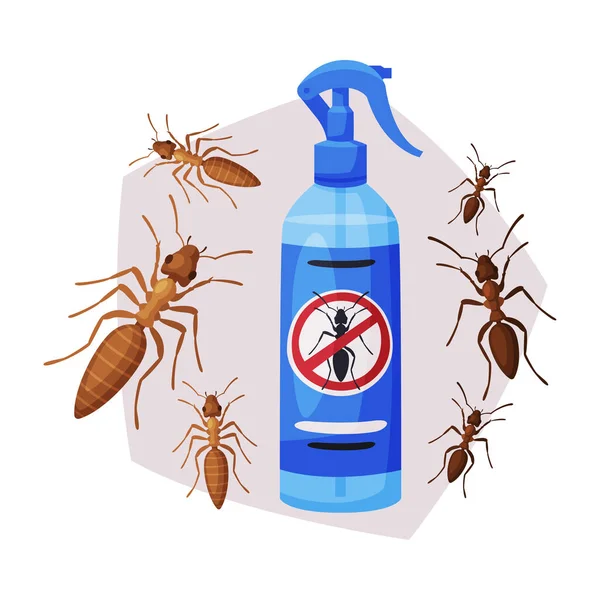 Μπουκάλι ψεκαστήρα μυρμηγκιών και τερμιτών εντομοκτόνο, υπηρεσία ελέγχου παρασίτων, ανίχνευση και εξολόθρευση έντομα διανυσματική εικονογράφηση — Διανυσματικό Αρχείο