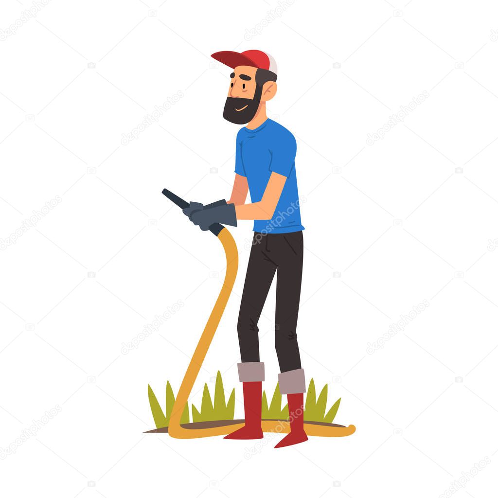 Bearded Man Watering Plants with Garden Hose, Guy Enjoying Gardening, Environmental Protection Vector Illustration