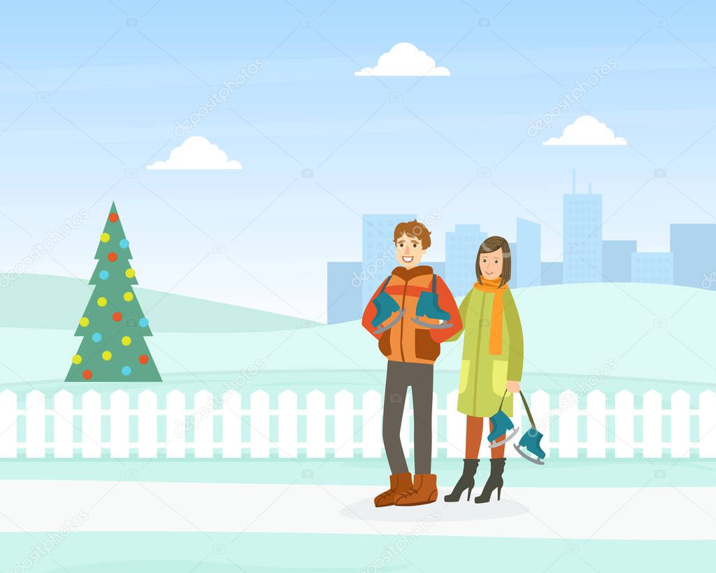 Young Man and Woman Dressed in Warm Clothing Walkig with Skates, Winter Sports Outdoor Activity Vector Illustration