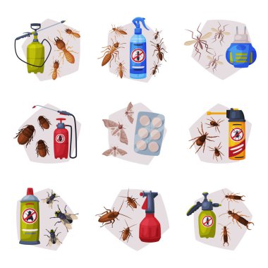 Zararlı Böcek ilaçları seti, Böcek Kontrol Servisi, Böcek Vektörü Resimlerini Bulma ve İmha Etme