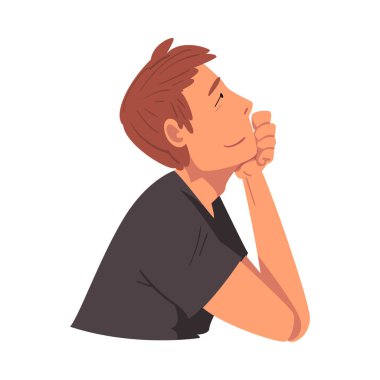 Düşünceli Rahat Adam, Bir Şey Düşleyen Adam, Erkek Oturan Adam Kafasını Elle Destekliyor ve Vektör İllüzyonuna Bakıyor