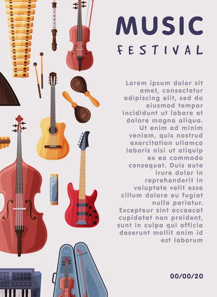Music Festival Banner with Orchestral Musical Instruments and Place for Text, Advertisement Poster, Brochure, Flyer, Invitation Card Vector Illustration — Stock Vector