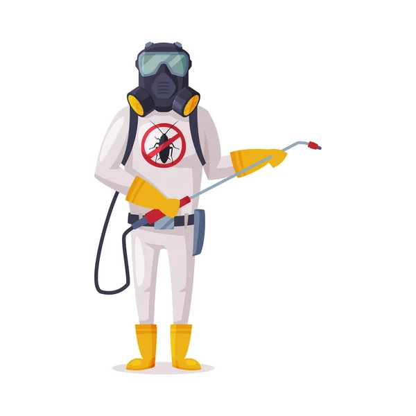 Exterminateur portant l'uniforme de protection et la pulvérisation de masque à gaz avec l'insecticide, travailleur masculin de l'illustration vectorielle de service de lutte antiparasitaire — Image vectorielle