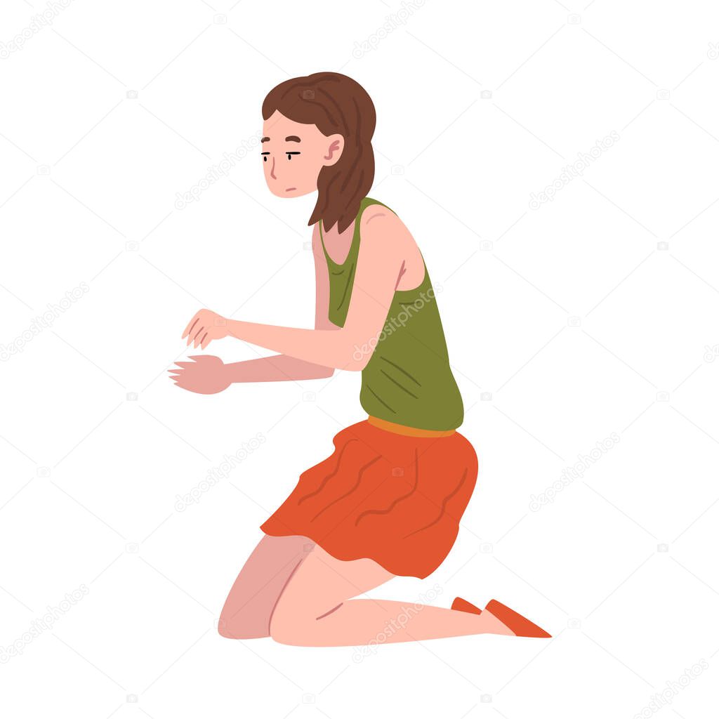 Young Woman Sitting on Her Knees with Outstretched Hands Vector Illustration on White Background.