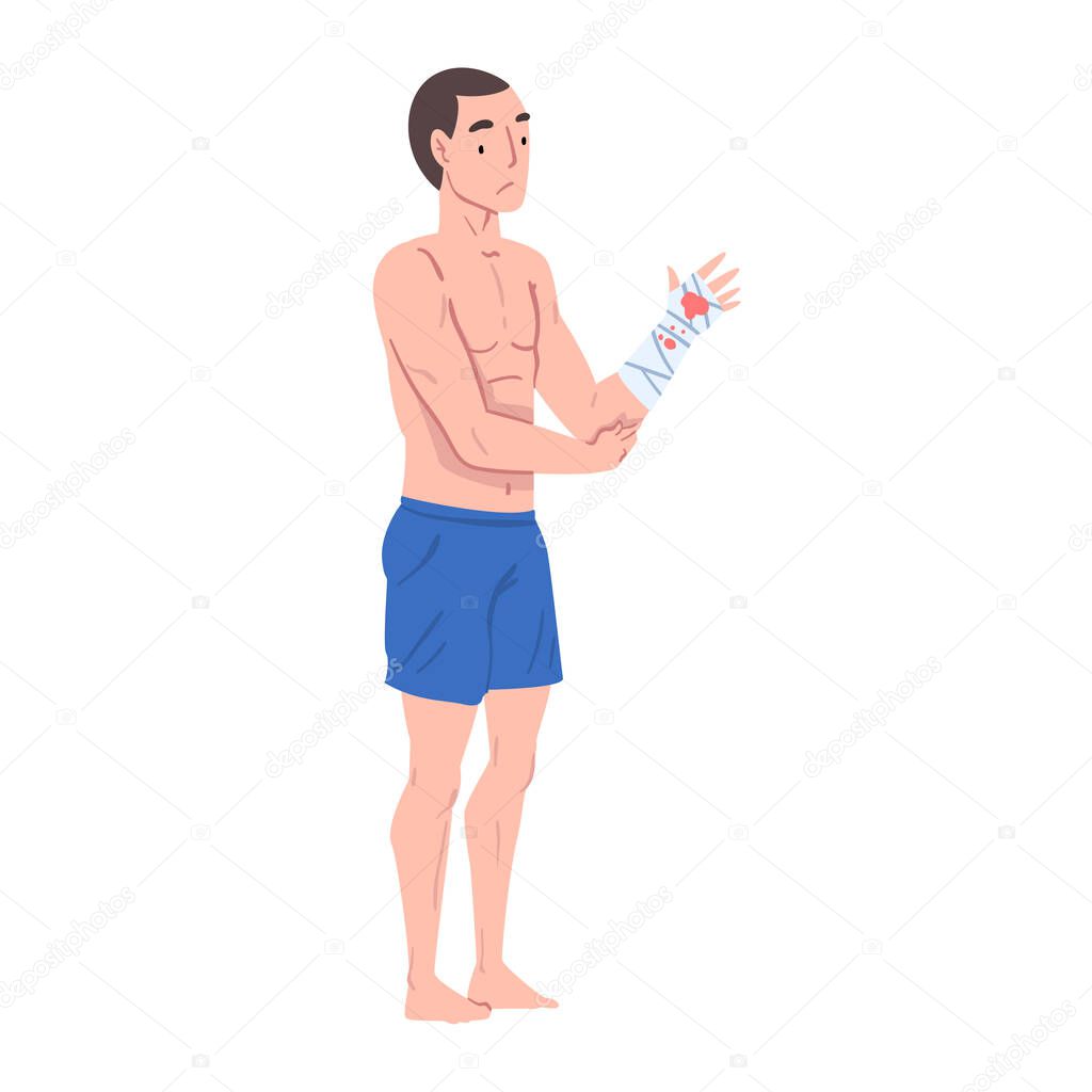 Young Man Wearing Shorts Standing with Bandaging Injured Hand, First Aid Conept Vector Illustration on White Background.