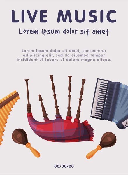 Live Music Festival Banner with Folk Musical Instruments, Advertisement Poster, Brochure, Flyer, Invitation Card Vector Illustration — Stock Vector