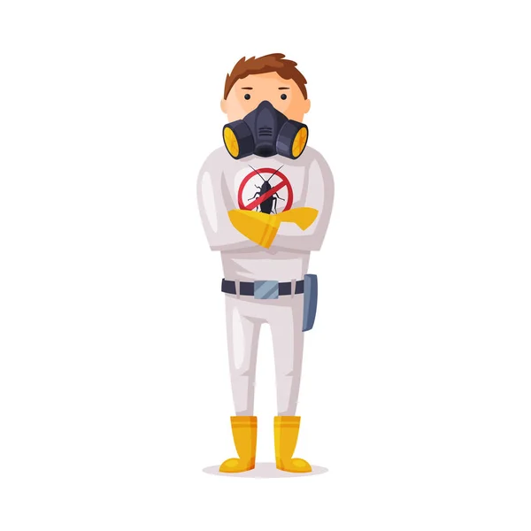 Exterminator Wearing Protection Uniform, Worker of Pest Control Service Vector Illustration on White Background — Stock Vector