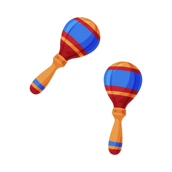 Pair of Colorful Maracas Percussion Wooden Musical Instrument Flat Style Vector Illustration on White Background — 스톡 벡터