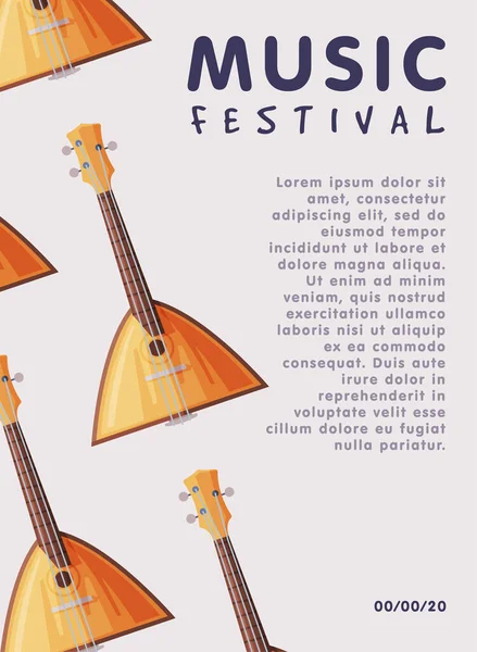 Music Festival Banner with Balalaika Traditional Russian String Musical Instrument and Place for Text, Advertisement Poster, Brochure, Flyer, Invitation Card Vector Illustration — Stock Vector