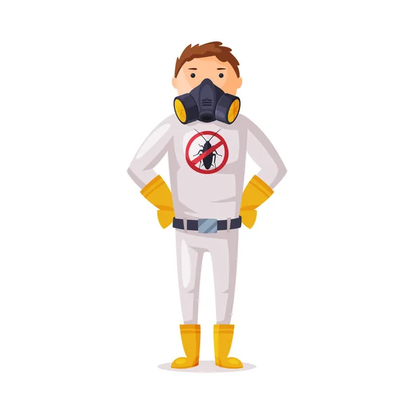 Εξολοθρευτής φορώντας στολή προστασίας και μάσκα, αρσενικό εργαζόμενος της υπηρεσίας ελέγχου παρασίτων Εικονογράφηση διάνυσμα σε λευκό φόντο — Διανυσματικό Αρχείο