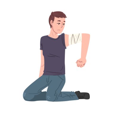 Yaralı Koluyla Dizlerinin üzerinde oturan Genç Adam, Beyaz Arkaplanda İlk Yardım Vektör İllüstrasyonu.