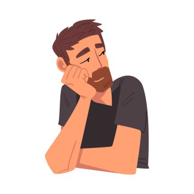 Düşünceli Sakallı Adam, Rahatlamış Adam Bir Şey Düşlüyor, Oturan Kişi El Vektörü İllüstrasyonuyla Kafasını Destekliyor